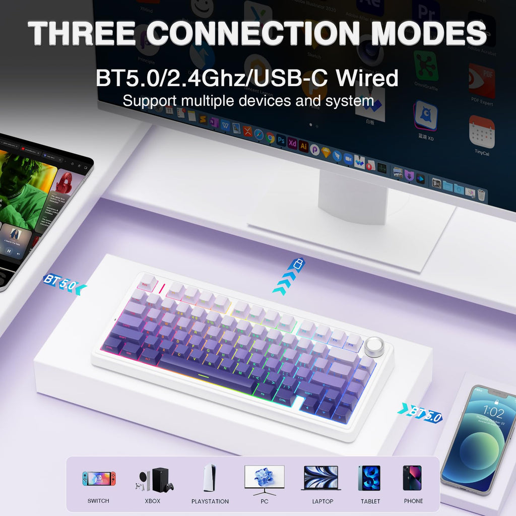 AULA F75 Pro Wireless Mechanical Keyboard,75% Hot Swappable Custom Keyboard with Knob,RGB Backlit,Pre-lubed Reaper Switches,Side Printed PBT Keycaps,2.4GHz/USB-C/BT5.0 Mechanical Gaming Keyboards - Flex Gamingproduct_type