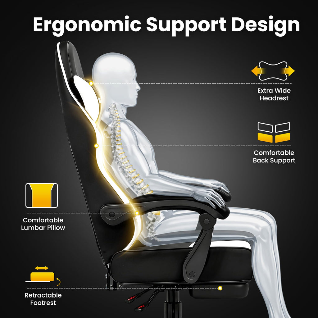 Gaming Chair Gamer Game Ergonomic with Footstool Lumbar Support Deep Black | Headrest, Height and Backrest Adjustable, Deep Black Leather, 210 KG Heavy Duty Load Capacity 52cm Wingless Cushion - Flex Gamingproduct_type