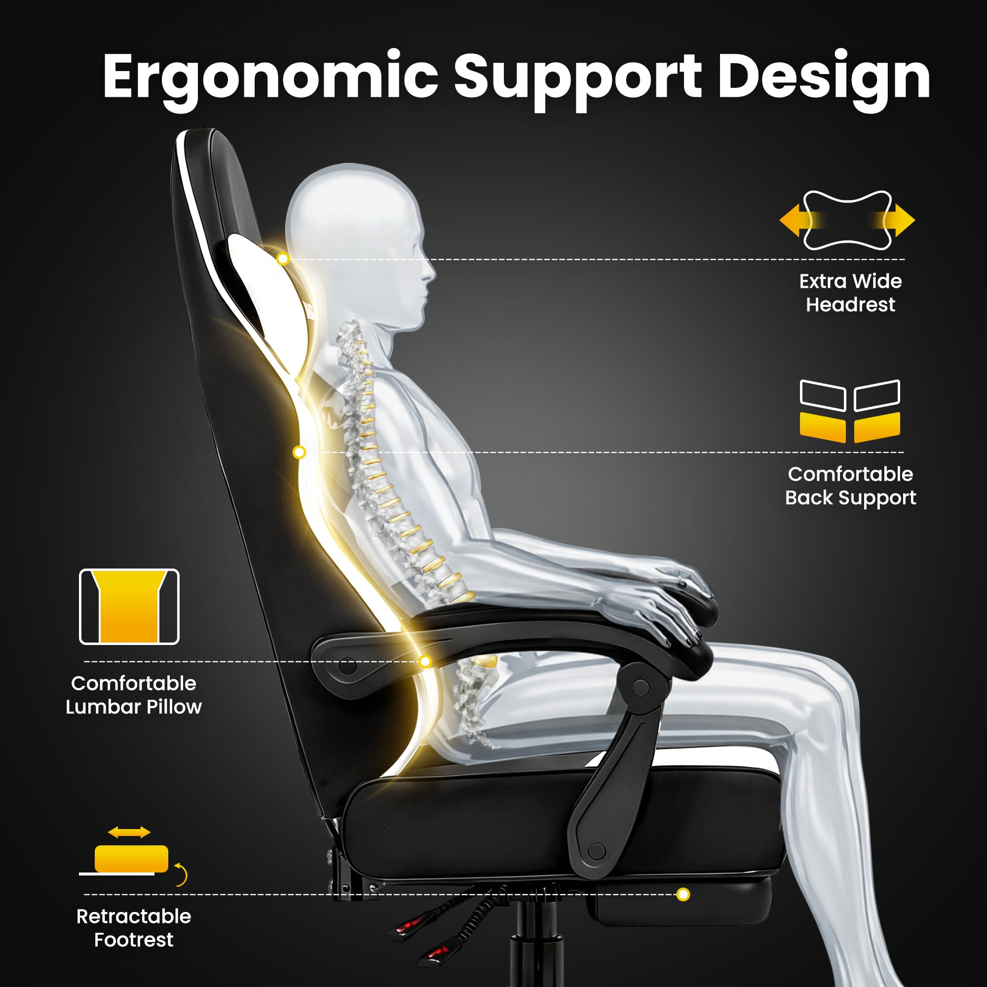 Gaming Chair Gamer Game Ergonomic with Footstool Lumbar Support Deep Black | Headrest, Height and Backrest Adjustable, Deep Black Leather, 210 KG Heavy Duty Load Capacity 52cm Wingless Cushion - Flex Gamingproduct_type