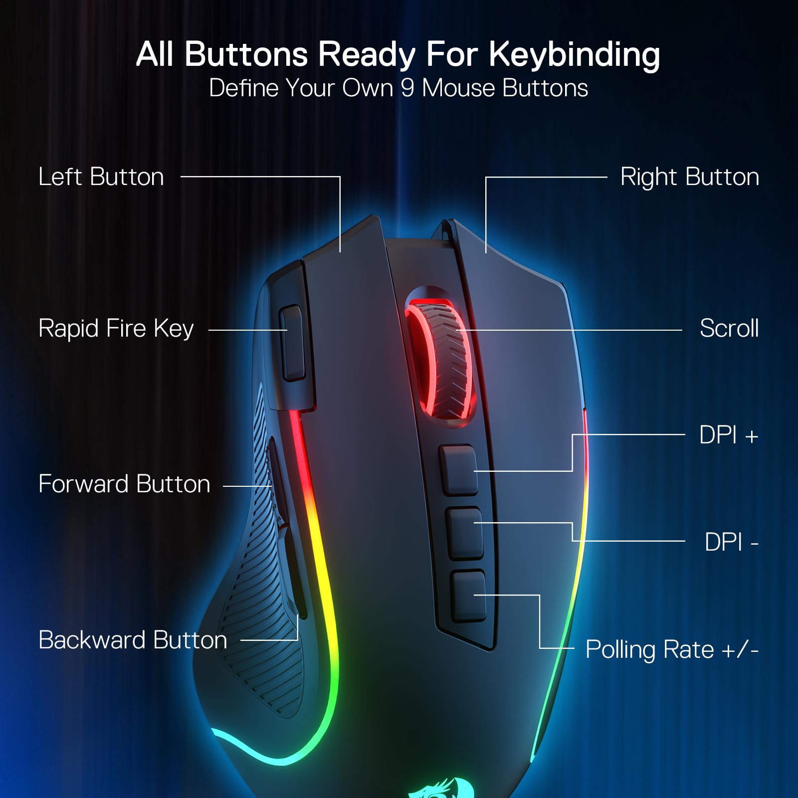 Redragon M612 Predator RGB Gaming Mouse, 8000 DPI Wired Optical Mouse with 11 Programmable Buttons & 5 Backlit Modes, Software Supports DIY Keybinds Rapid Fire Button - Flex Gamingproduct_type