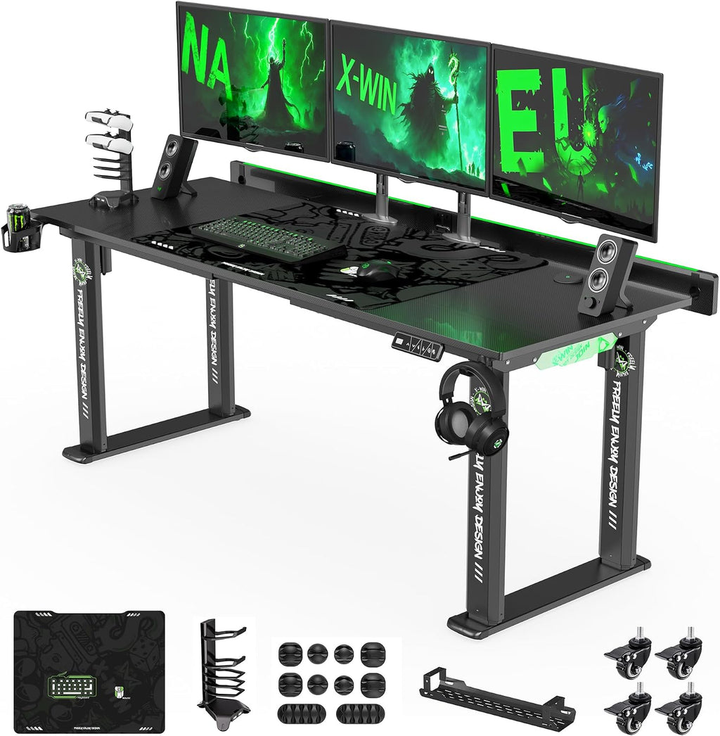 71" Gaming Standing Desk for Gamers & Streamers, 4-Leg Electric Sit Stand Desk with LED Lights, Flip-Top Cable Management, Stable Computer Desk with Wheels - Flex Gamingproduct_type