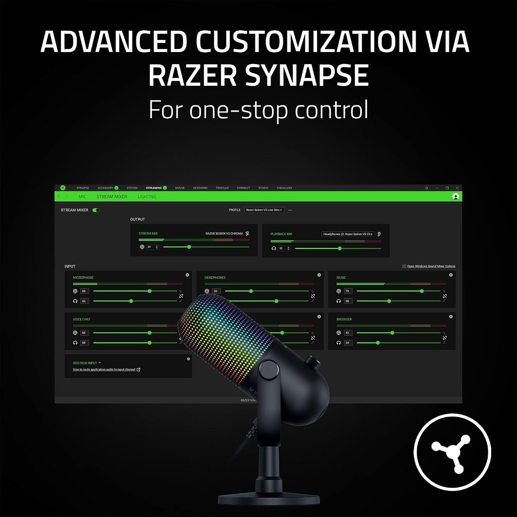 Razer Seiren V3 Chroma RGB, Stream & Game Reactive, USB Microphone, Black | Tap-to-Mute Sensor, Condenser Mic, Digital Gain Limiter & Shock Absorber, Works with OBS, Discord, Zoom, Teams