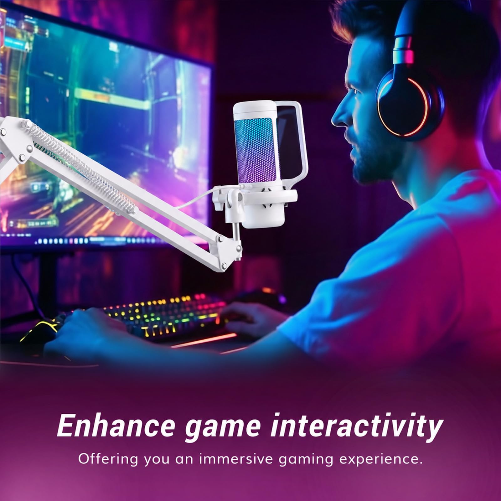 TONOR Gaming Microphone Set with Boom Arm, Vocal Condenser Microphone for Content Creators, USB Mic for PC with Stand, RGB, Tap Mute, Gain Control, Gaming Equipemnt, Twitch, Streaming, TC310+ | Boom Arm Set, USB Mic with Controllable Light, One Tap Mute,
