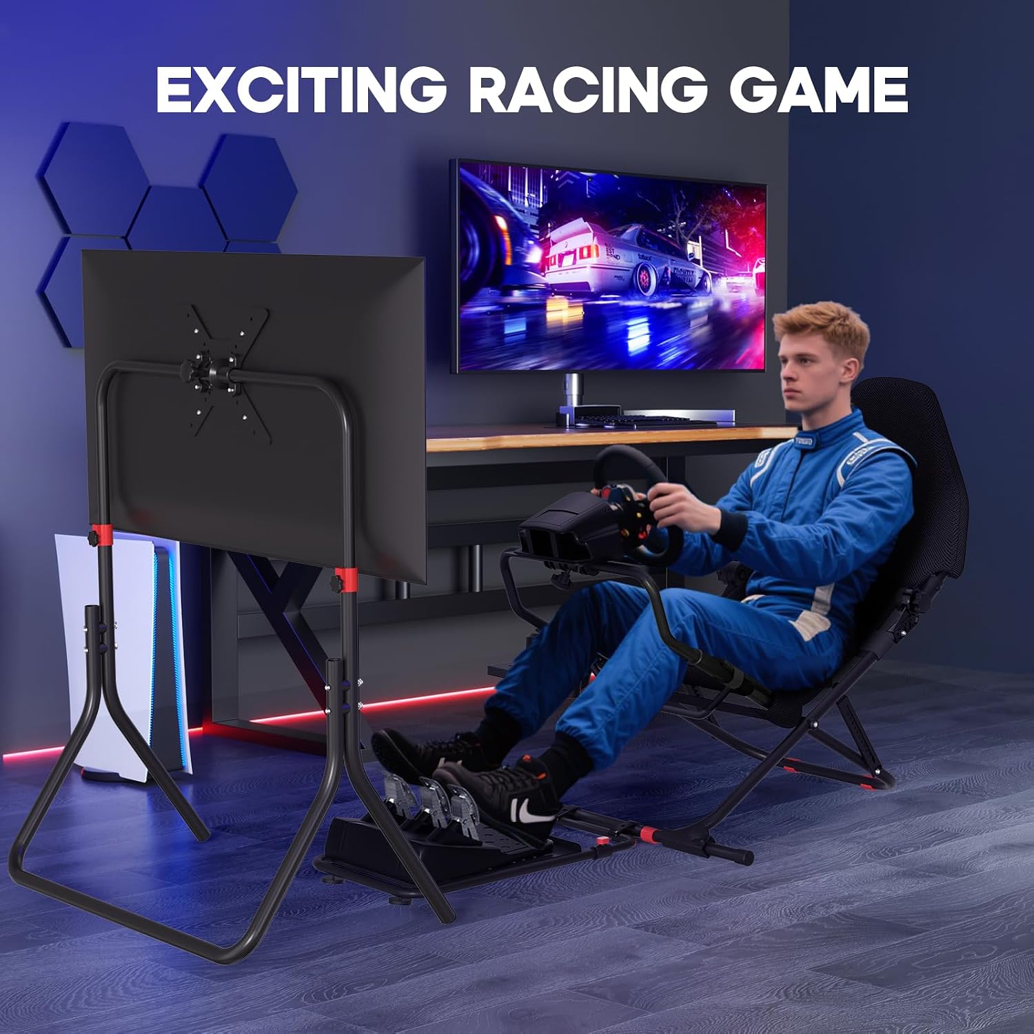 DIWANGUS Racing Simulator Cockpit with TV Stand, Foldable Racing Wheel Stand with TV Mount and Seat, Sim Racing Cockpit Compatible with Logitech G29/920/923/27/25, Thrustmaster T248/X/T300RS/T150/458/TX for Xbox PS4 PS5 - Flex Gamingproduct_type