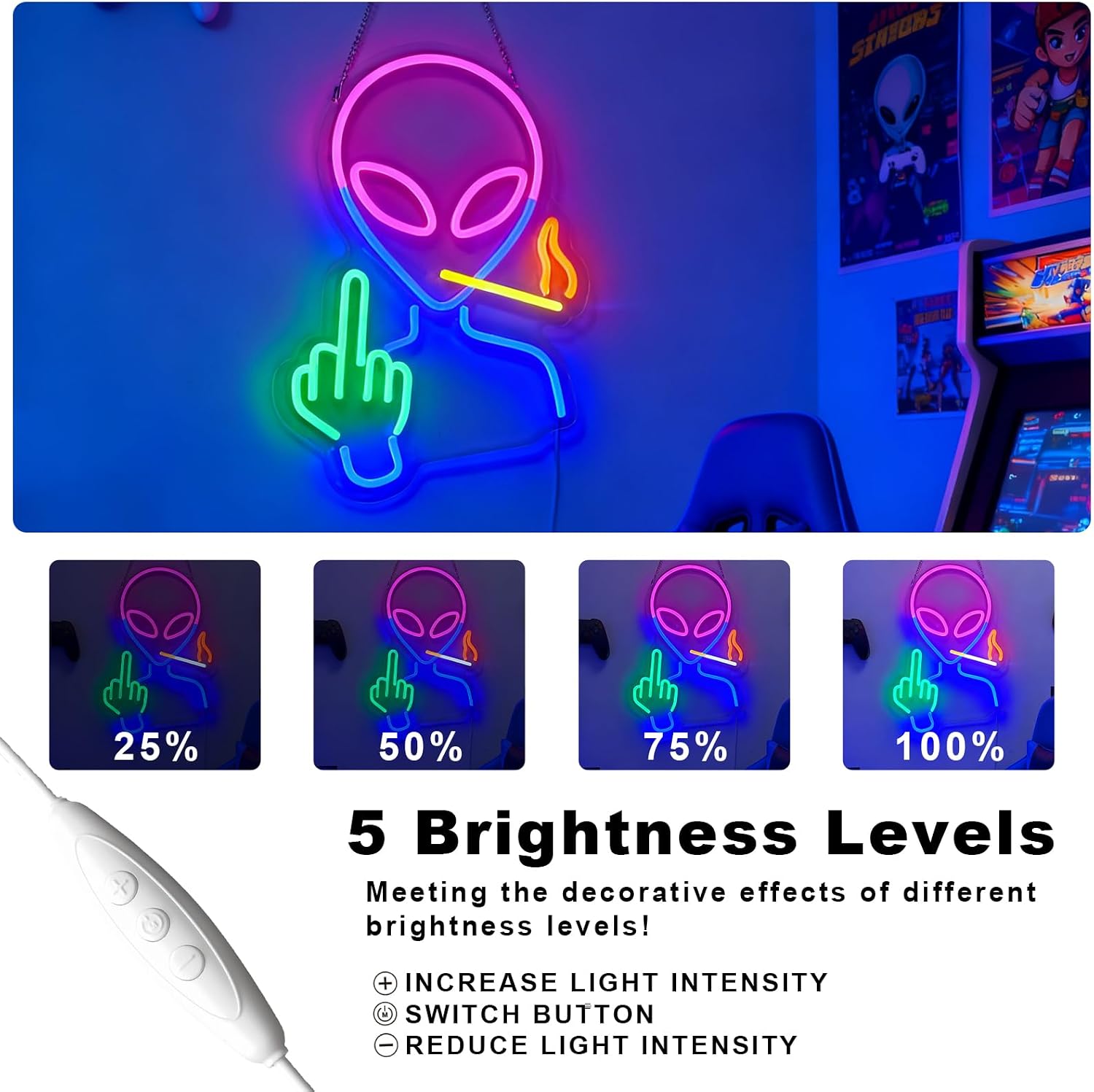 Alien Neon Sign for Wall Decor - Dimmable LED Light | 6.5ft USB Powered Edgy Decor with Hanging Chain - Perfect for Gaming Room, Man Cave & Rebel Decorations, 15.7" x 11.4"