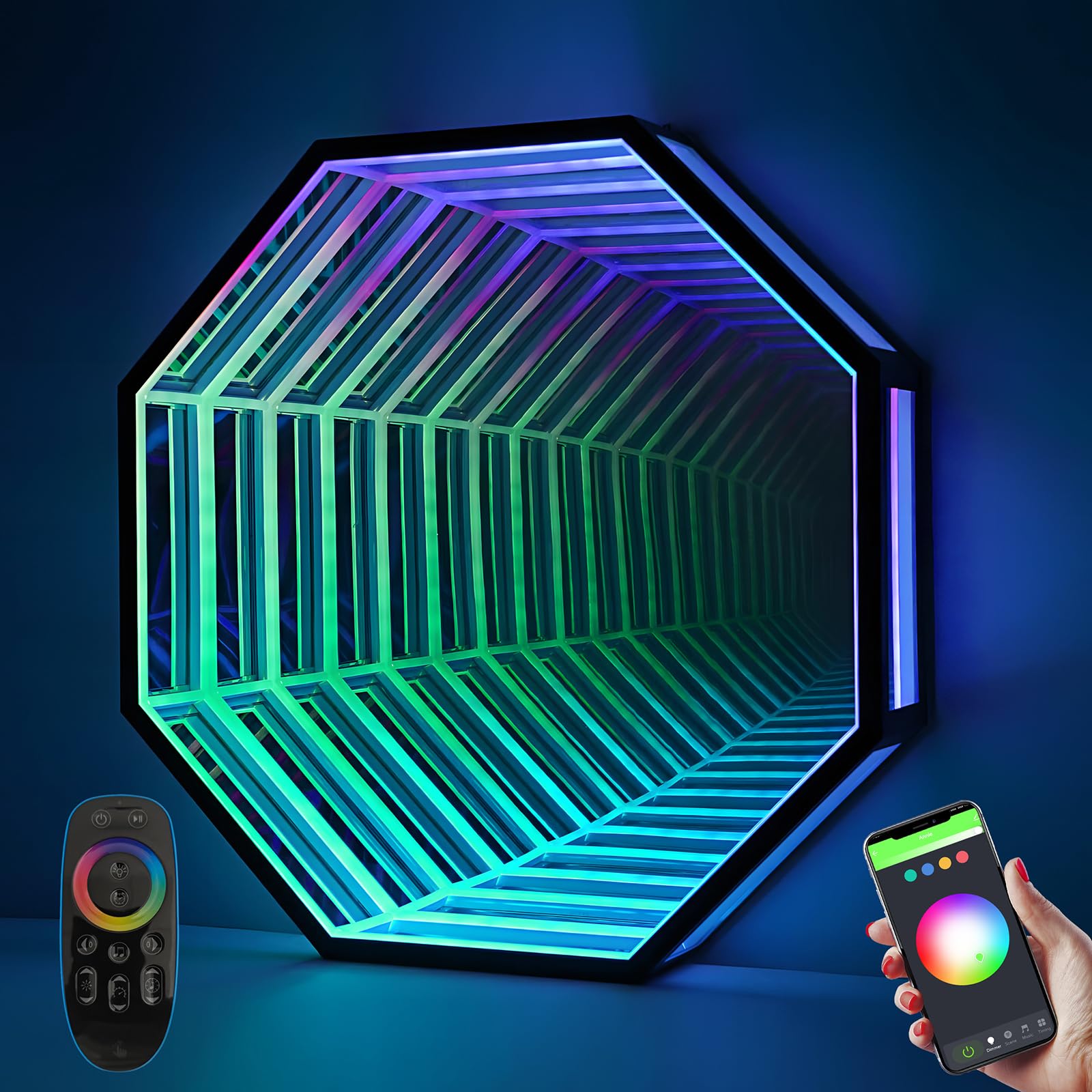 3D Infinity Mirror Light, 28" Octagon LED Tunnel Wall Light with 358 LEDs, App & Remote RGB Color Changing Mirror for Gaming Room Decor, Party, Bar, Geometric Art Deco Wall Mounted - Flex Gamingproduct_type