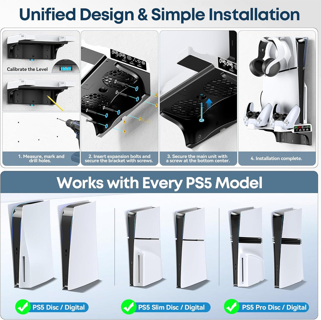 Tokluck PS5 Wall Mount Kit with Cooling Fan & Charging Station – 2 Sizes & 3 Colours