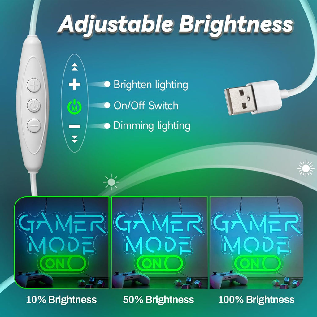 Gamer Mode Neon Sign for Gaming Room Decor, USB Powered LED Wall Light with Dimmer, Cool Gamer Setup Accessories for Bedroom, Streamer Background, Teen Boy Game Room, Man Cave