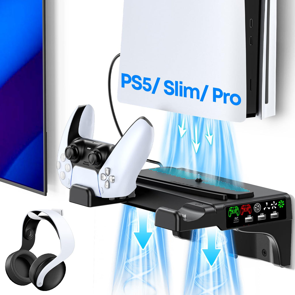 Tokluck PS5 Wall Mount Kit with Cooling Fan & Charging Station – 2 Sizes & 3 Colours