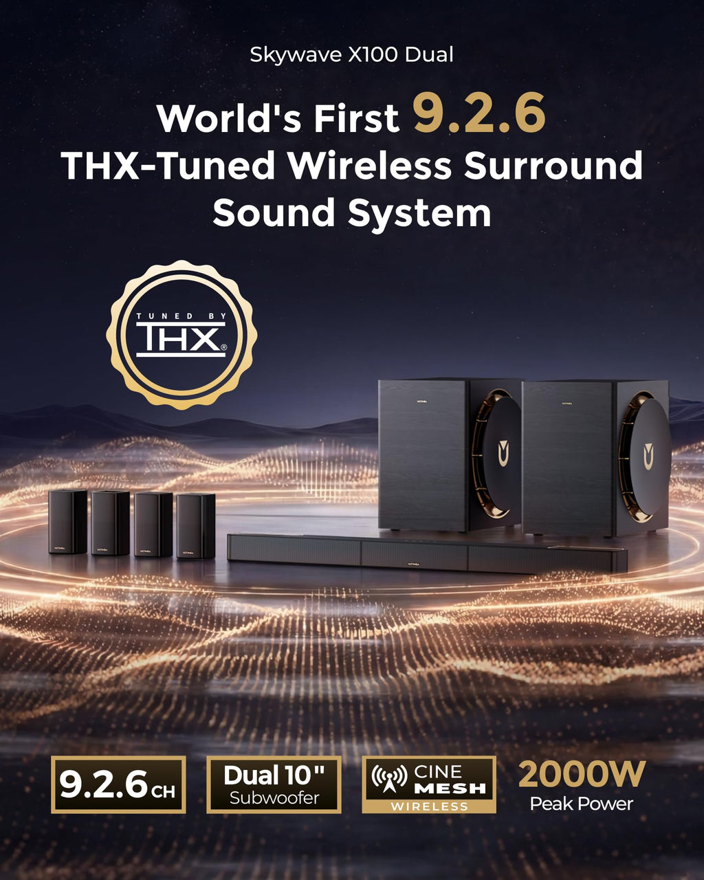 ULTIMEA Skywave X60 7.1.4ch Wireless Surround Sound System for Home Theater | with Dolby Atmos, 840W Sound Bar with 8" Wireless Subwoofer for TV, 28Hz Low Frequency, GaN Amplifier, 4K HDR Pass-Through