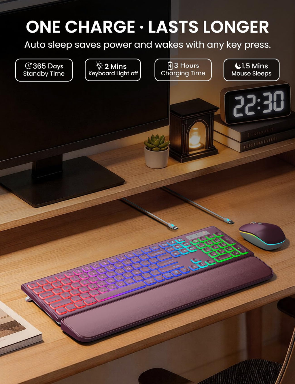Wireless Keyboard and Mouse Combo, RGB Backlit, Rechargeable & Light Up Letters, Full-Size, Soft Typing, Sleep Mode, 2.4GHz Quiet Keyboard Set for Mac, Windows, Laptop, PC, Trueque KM42Pro (Black) - Flex Gamingproduct_type