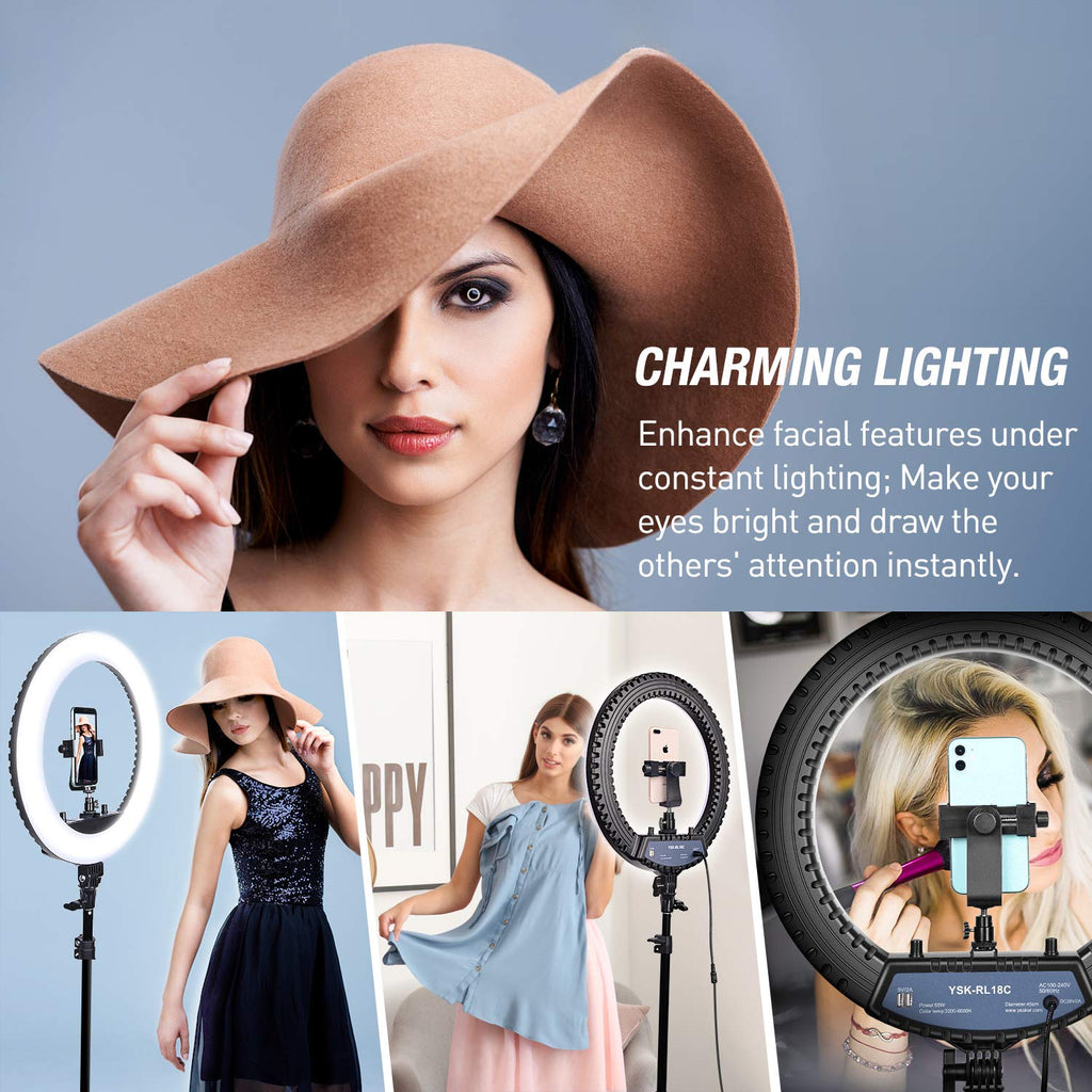 Yesker Ring Light with Tripod Stand and Phone Holder 18 Inch RGB Ringlight 25 RGB Modes Bi-Color Adjustable 2700–7000K LED Selfie Halo Light Kit for Live Stream Photography Zoom Makeup Youtobe Tiktok