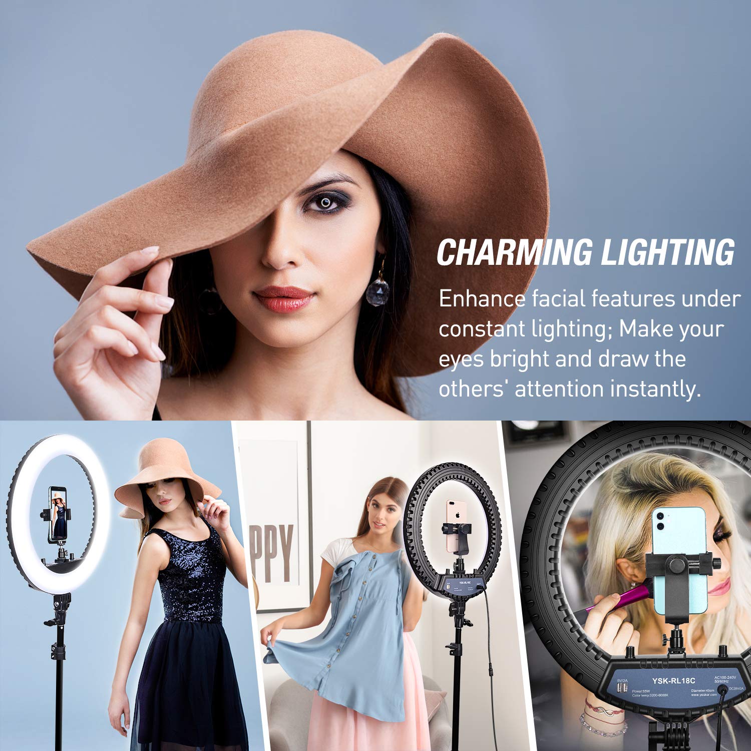 Yesker Ring Light with Tripod Stand and Phone Holder 18 Inch RGB Ringlight 25 RGB Modes Bi-Color Adjustable 2700–7000K LED Selfie Halo Light Kit for Live Stream Photography Zoom Makeup Youtobe Tiktok