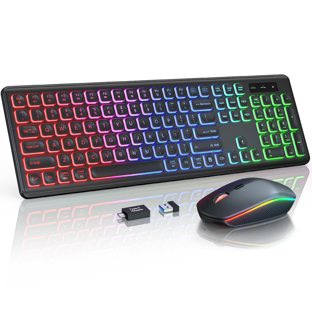 Wireless Keyboard and Mouse Combo, RGB Backlit, Rechargeable & Light Up Letters, Full-Size, Soft Typing, Sleep Mode, 2.4GHz Quiet Keyboard Set for Mac, Windows, Laptop, PC, Trueque KM42Pro (Black) - Flex Gamingproduct_type