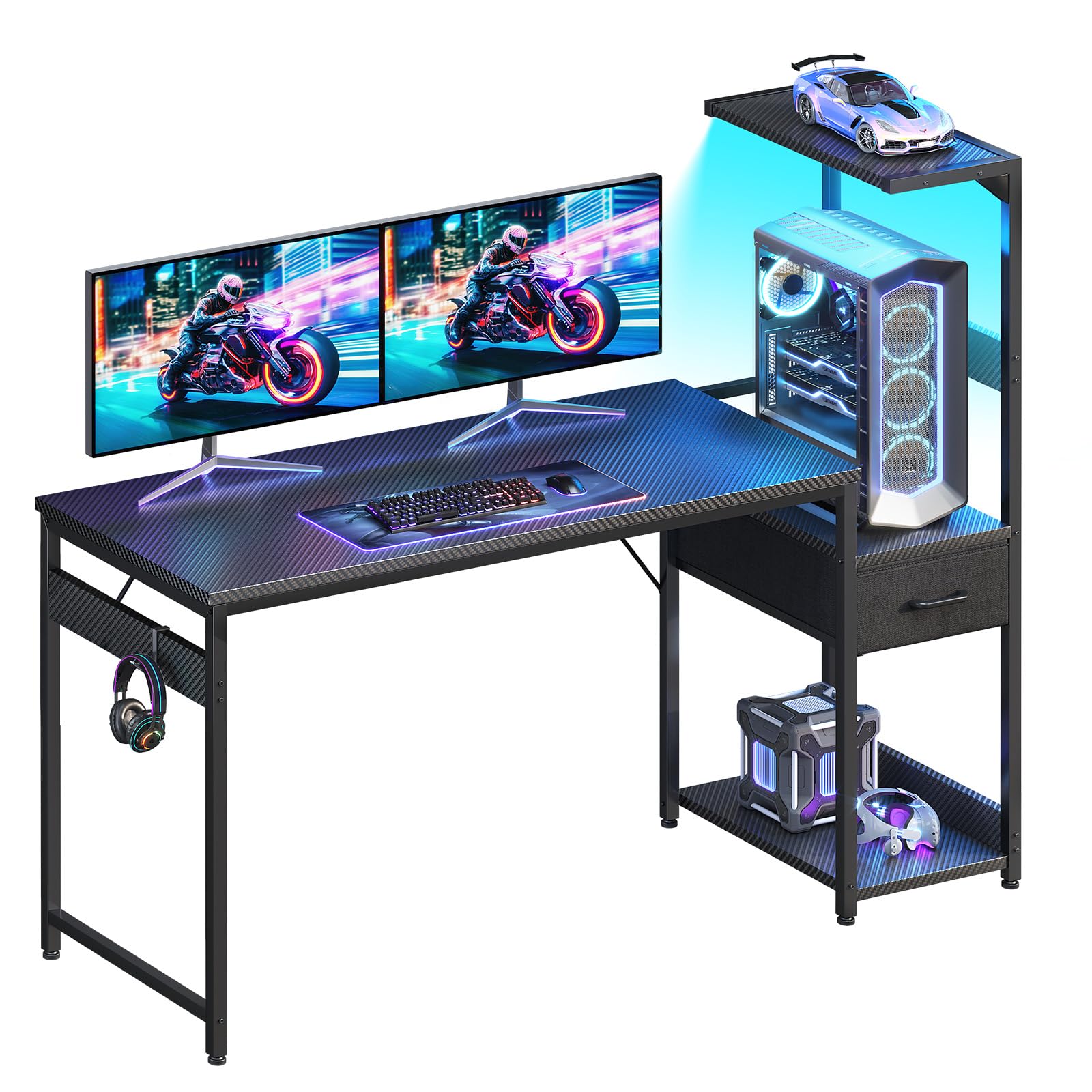 Casaottima 48'' Gaming Desk with LED Lights & CPU Stand, Reversible Computer Desk with Storage Shelves & Fabric Drawer, Modern PC Gamer Table with Headphone Hook, Carbon Fiber Black - Flex Gamingproduct_type