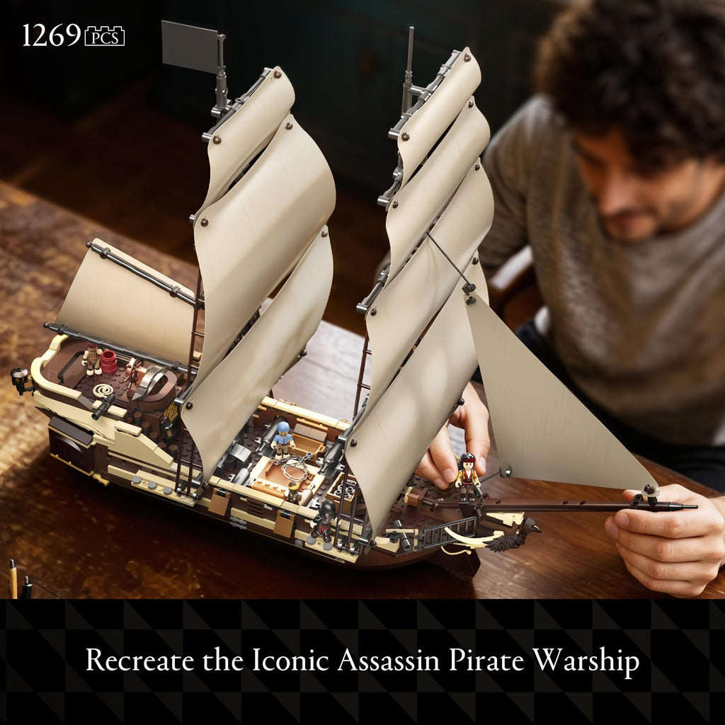 Wise Block Assassin's Creed Black Flag Jackdaw Pirate Ship Building Set | 3781 Pcs Epic Warship Edition Large Model Ship Kit HA395107, Gifts for Adult Collections Enthusiasts, 8 Minifigures Decorate