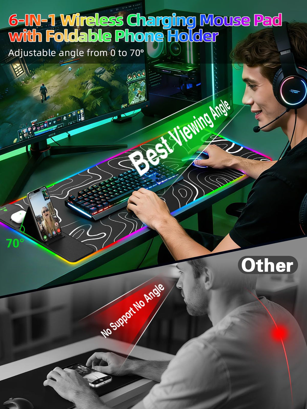 XXL Mouse Pad with Phone Holder - Black, RGB Desk Mat with 15W Fast Charging, LED Gaming Mousepad with 11 Light Colors, Waterproof Non-Slip Pad for Office & Home (Wave) - Flex Gamingproduct_type