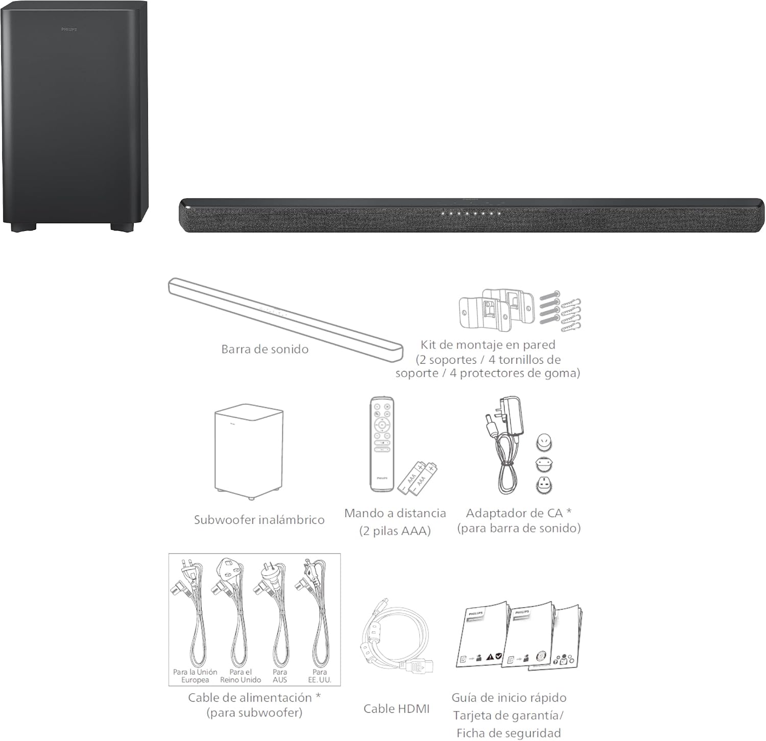 Philips TAB6200 2.1 Channel Soundbar with Wireless Subwoofer - Bluetooth, HDMI eARC, Dolby Atmos, DTS Virtual:X, 240W Max Power, Black - Flex Gamingproduct_type
