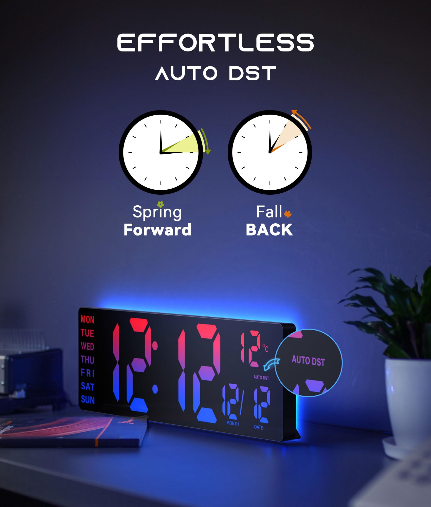 EASYERA 16.5" Large Digital Wall Clock with BT Sync, RGB Lights with 11 Scenes Mode Remote Control, Dual Alarms with Big LED Display, Auto DST, Temperature for Classroom Gaming - Flex Gamingproduct_type