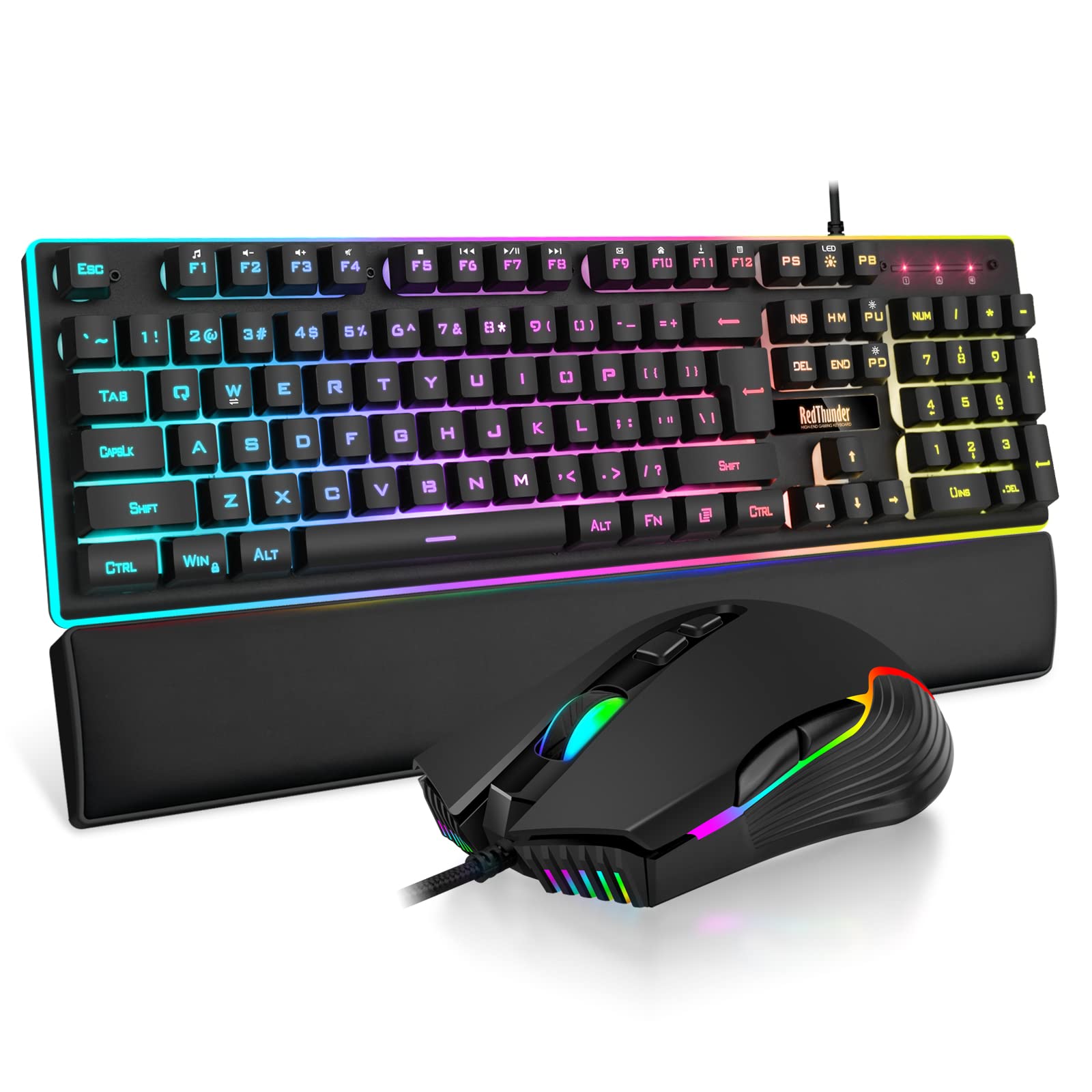 RedThunder K10 Wired Gaming Keyboard and Mouse and Wrist Rest Combo, RGB Backlit, Mechanical Feel Anti-ghosting Keyboard + 7D 7200 DPI Mice+Soft Leather Wrist Rest 3 in 1 PC Gamer Accessories(Black) - Flex Gamingproduct_type