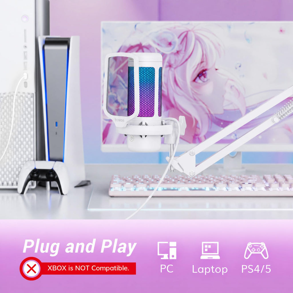 TONOR Gaming Microphone Set with Boom Arm, Vocal Condenser Microphone for Content Creators, USB Mic for PC with Stand, RGB, Tap Mute, Gain Control, Gaming Equipemnt, Twitch, Streaming, TC310+ | Boom Arm Set, USB Mic with Controllable Light, One Tap Mute,