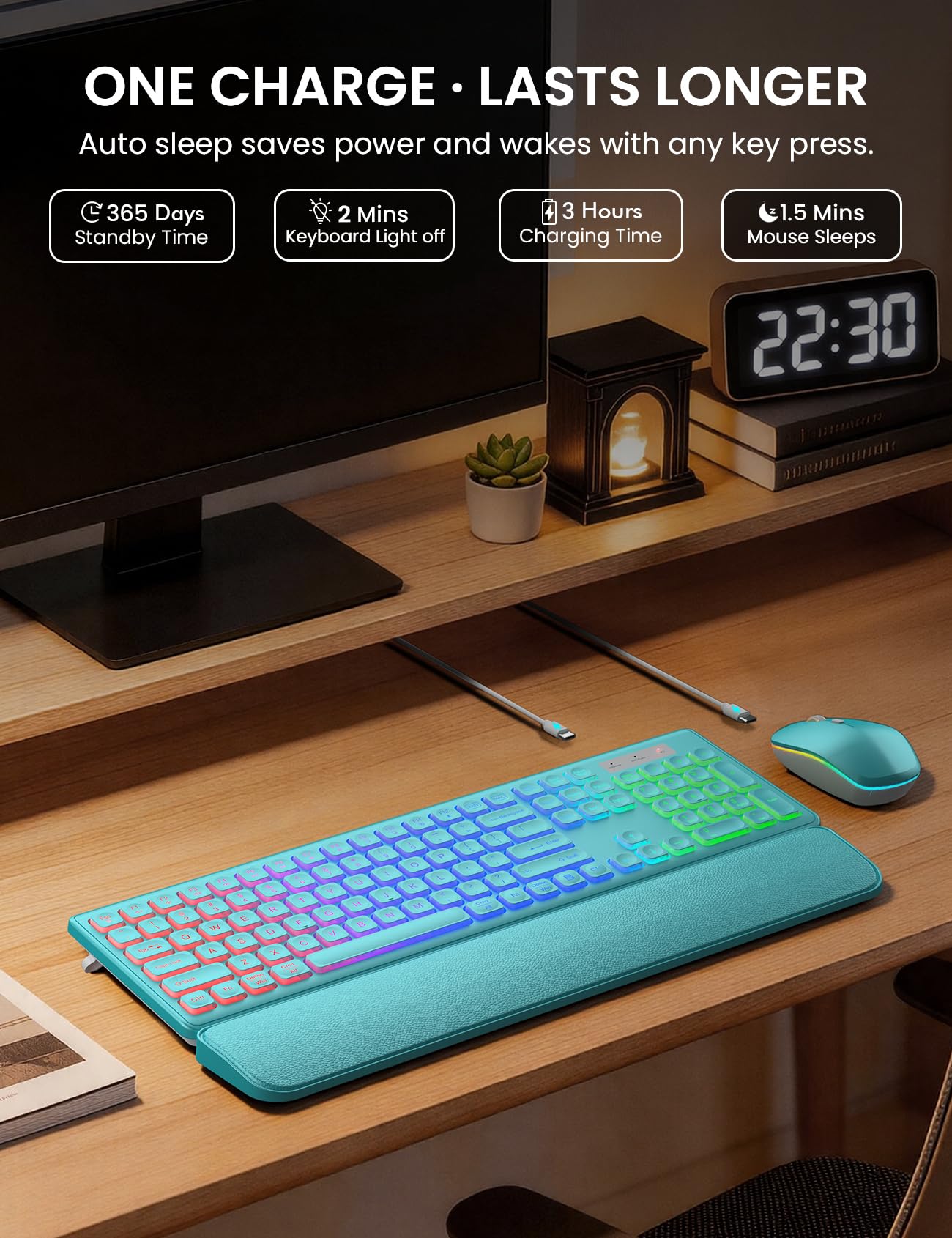 Wireless Keyboard and Mouse Combo, RGB Backlit, Rechargeable & Light Up Letters, Full-Size, Soft Typing, Sleep Mode, 2.4GHz Quiet Keyboard Set for Mac, Windows, Laptop, PC, Trueque KM42Pro (Black) - Flex Gamingproduct_type