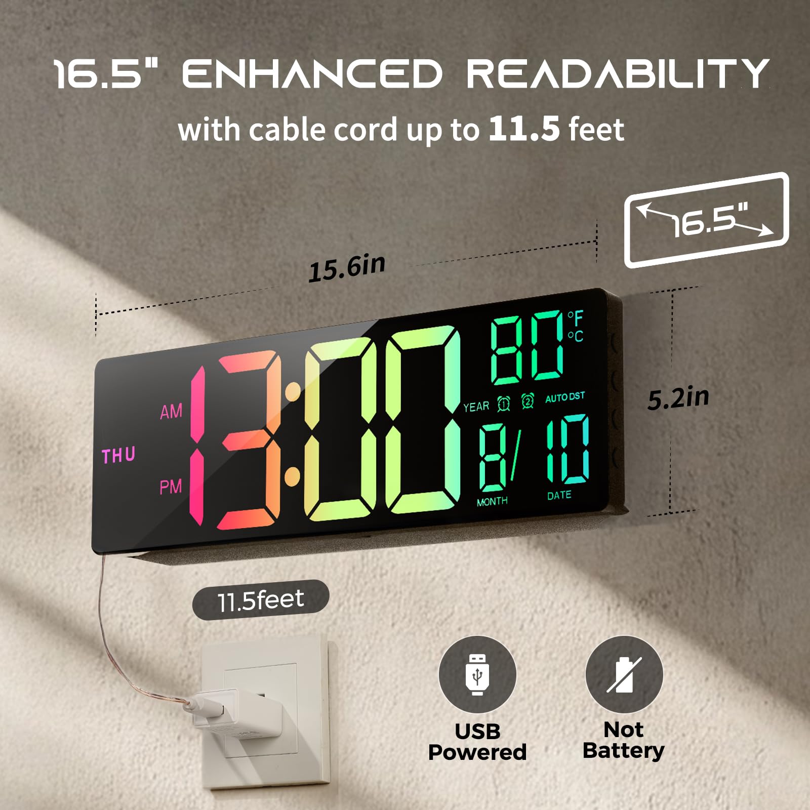 EASYERA 16.5" Large Digital Wall Clock with BT Sync, RGB Lights with 11 Scenes Mode Remote Control, Dual Alarms with Big LED Display, Auto DST, Temperature for Classroom Gaming - Flex Gamingproduct_type