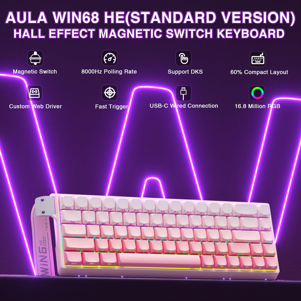 AULA WIN68 HE Mechanical Gaming Keyboard 60%, Hall Effect Magnetic Switch, Fast Trigger Mode Adjustable Actuation, 8000Hz Polling Rate, RGB Backlit, Wired Black Keyboard for Laptop/PC Gamer - Flex Gamingproduct_type