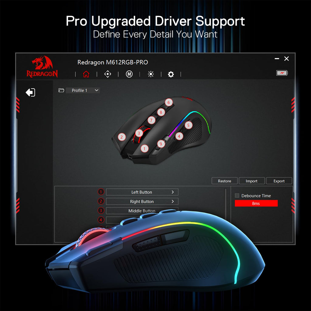 Redragon M612 Predator RGB Gaming Mouse, 8000 DPI Wired Optical Mouse with 11 Programmable Buttons & 5 Backlit Modes, Software Supports DIY Keybinds Rapid Fire Button - Flex Gamingproduct_type