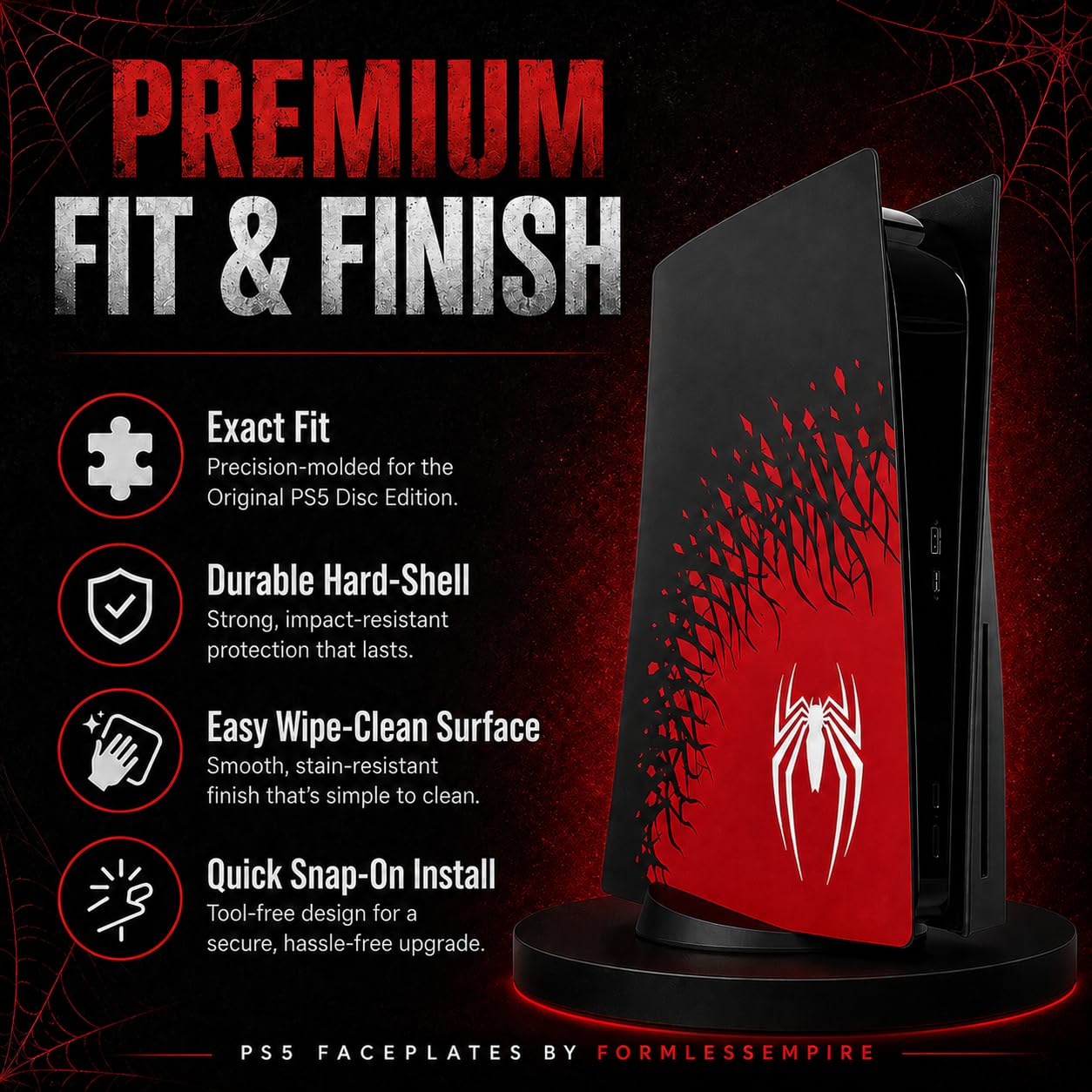 Cover Plates and Faceplate for PS5 Disc Edition, Compatible with PlayStation 5 Original Console, Red and Black Spider Design Replacement Side Panels - Flex Gamingproduct_type
