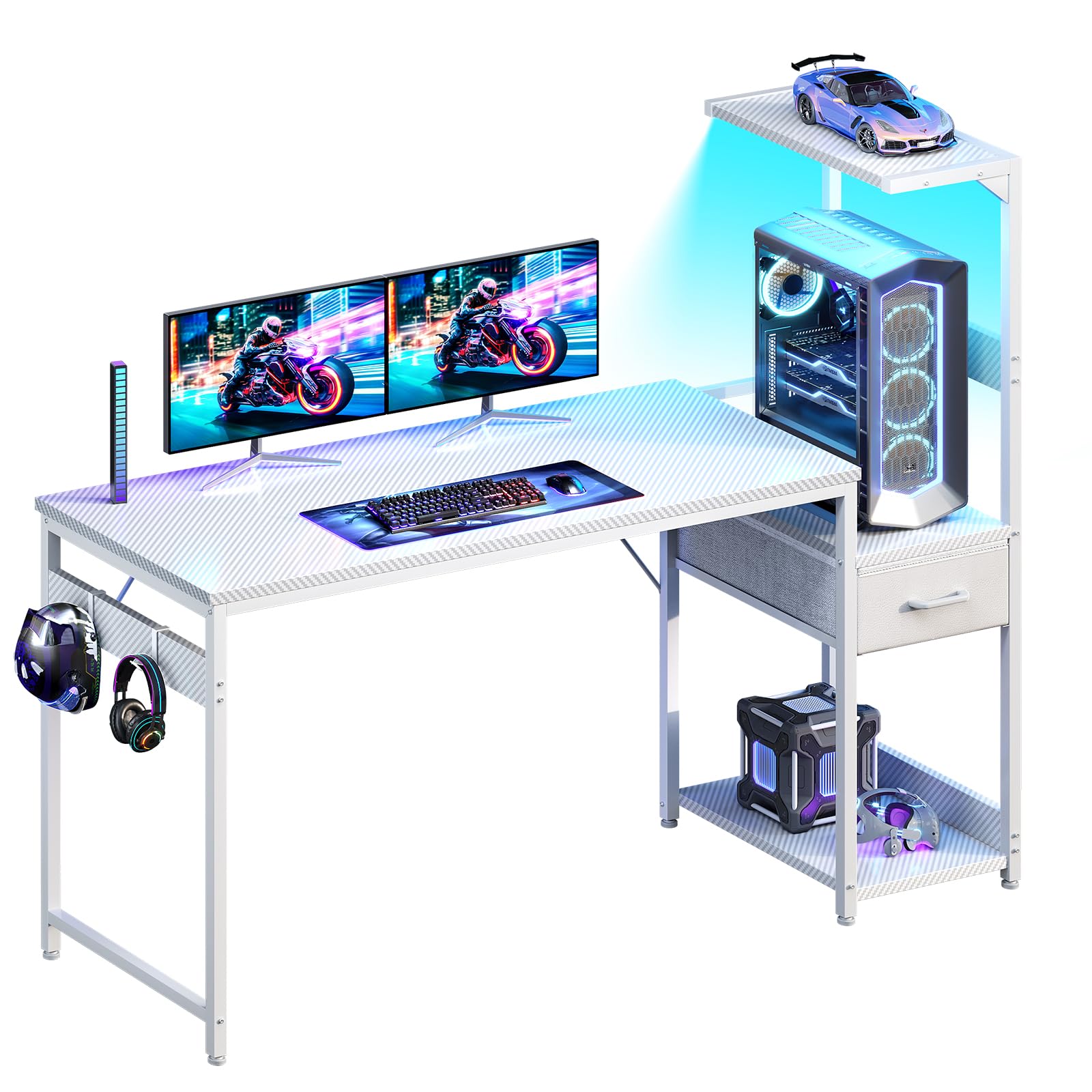 Casaottima 48'' Gaming Desk with LED Lights & CPU Stand, Reversible Computer Desk with Storage Shelves & Fabric Drawer, Modern PC Gamer Table with Headphone Hook, Carbon Fiber Black - Flex Gamingproduct_type