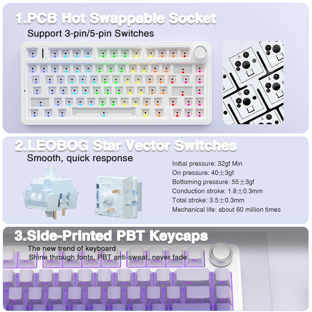 AULA F75 Pro Wireless Mechanical Keyboard,75% Hot Swappable Custom Keyboard with Knob,RGB Backlit,Pre-lubed Reaper Switches,Side Printed PBT Keycaps,2.4GHz/USB-C/BT5.0 Mechanical Gaming Keyboards - Flex Gamingproduct_type