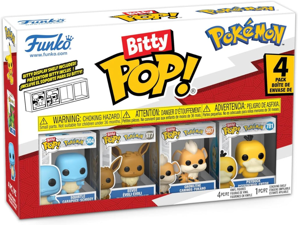 Funko Bitty POP! 4 Pack: Pokemon - Squirtle, Eevee, Growlithe, Psyduck | Official Video Games Merch - Tiny 0.9 inch Figures with Display Shelf - Cake Topper, Party Bag and Stocking Filler Gift