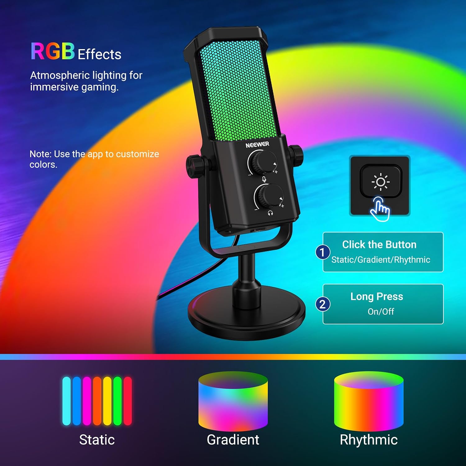 NEEWER UM01 AI Noise Canceling USB Microphone, Plug & Play Cardioid RGB Condenser Mic Mute/Music Sync/App Control for Android Windows PC Mac PS4/5 Gaming Recording Streaming Podcasting Studio Computer - Flex Gamingproduct_type