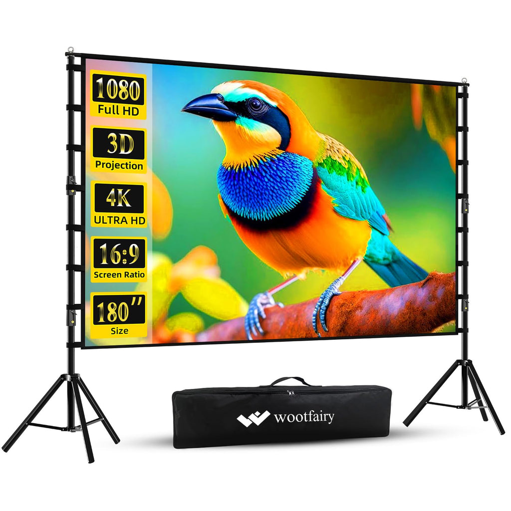 Wootfairy 180inch Projector Screen with Stand: Portable Wrinkle-Free Screen | Foldable 16:9 4K HD Front Rear Projection Movie Screen with Carry Bag for Indoor Outdoor Backyard Family Live Sports Night - Flex Gamingproduct_type
