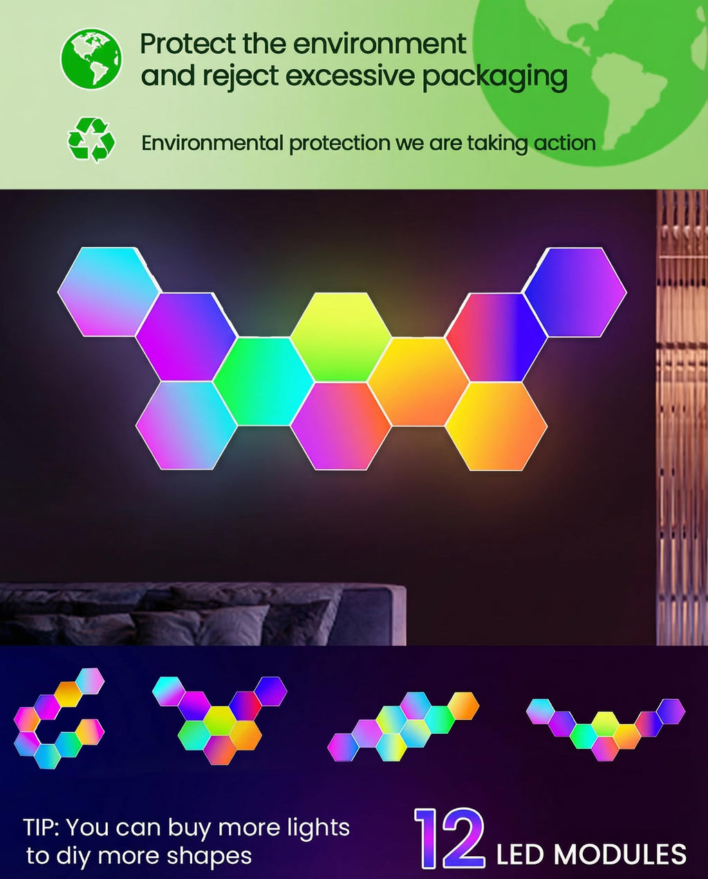 NIUCOO RGB Hexagon LED Wall Panels – 3 Sizes