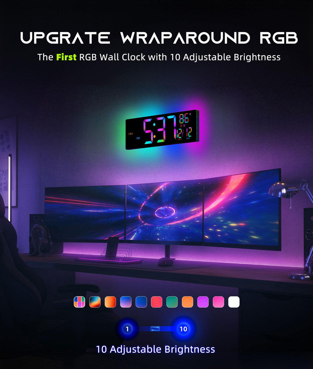 EASYERA 16.5" Large Digital Wall Clock with BT Sync, RGB Lights with 11 Scenes Mode Remote Control, Dual Alarms with Big LED Display, Auto DST, Temperature for Classroom Gaming - Flex Gamingproduct_type