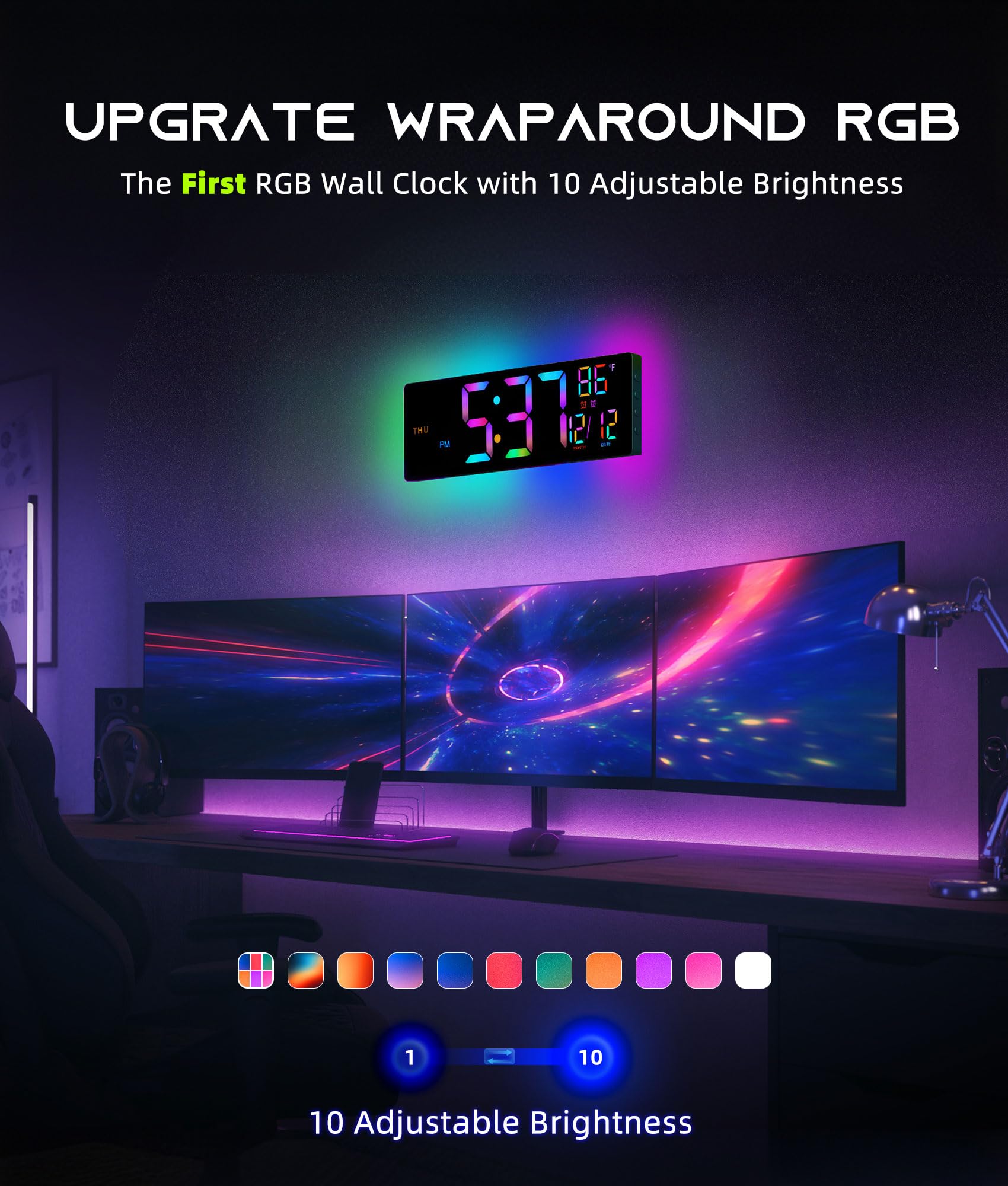 EASYERA 16.5" Large Digital Wall Clock with BT Sync, RGB Lights with 11 Scenes Mode Remote Control, Dual Alarms with Big LED Display, Auto DST, Temperature for Classroom Gaming - Flex Gamingproduct_type