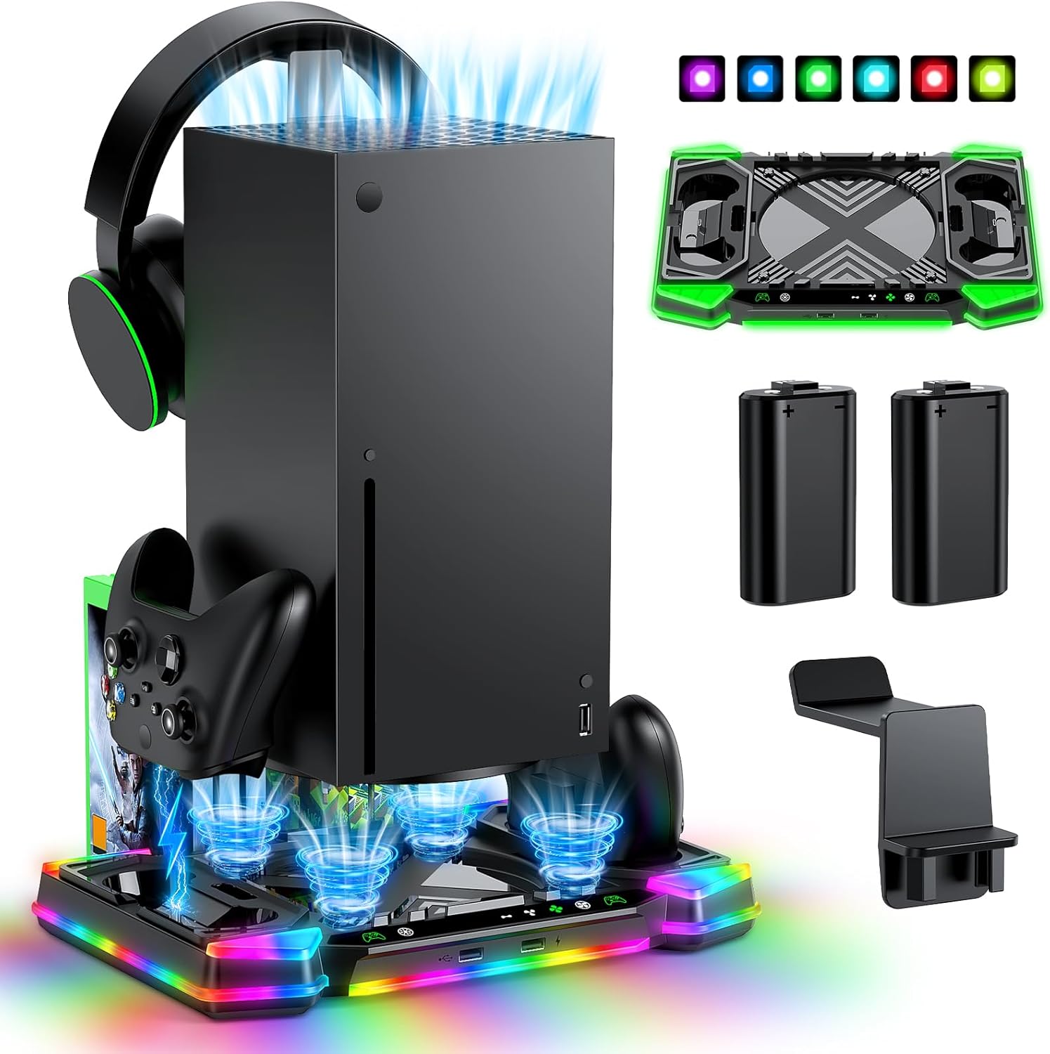 MENEEA Upgraded Charger-Stand Cooling-Fan for Xbox Series X, Dual Wireless Charger Dock Cooler System for Xbox Controller& Console,Accessories with 11 RGB Light Modes,2x1400mAh Rechargeable Batteries - Flex Gamingproduct_type
