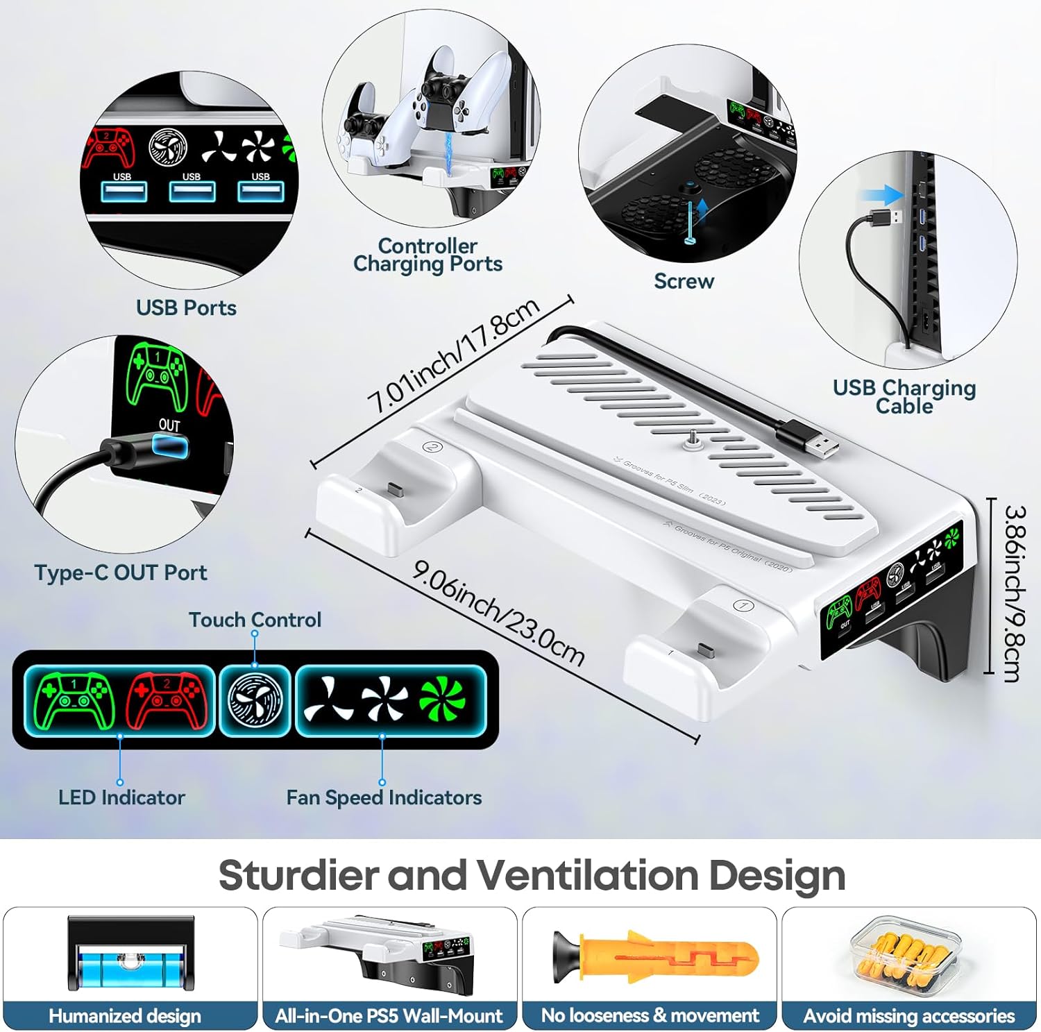 Tokluck PS5 Wall Mount Kit with Cooling Fan & Charging Station – 2 Sizes & 3 Colours