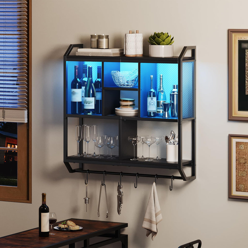 HOOBRO Gaming Floating Shelves with LED Lights, 28.7" LED Wall Mounted Shelf, 3-Tier Display Rack for Wall Storage, Floating Rack with Hanging Rod and 6 S-Hooks, for Gaming Room, Black BB70DBJ01 - Flex Gamingproduct_type