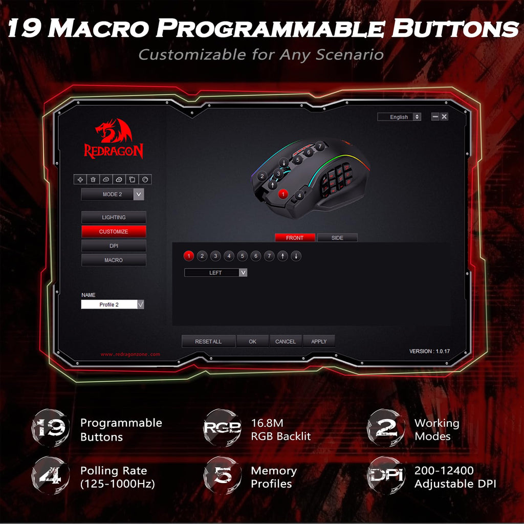 Redragon Gaming Mouse, MMO Mouse Gaming UP 12400 DPI, 19 Macro Programmable Buttons, RGB Mouse with 12 Side Buttons, 8 * 2.4g Weight Tuning for PC Laptop MOBA FPS, M901K, Black - Flex Gamingproduct_type