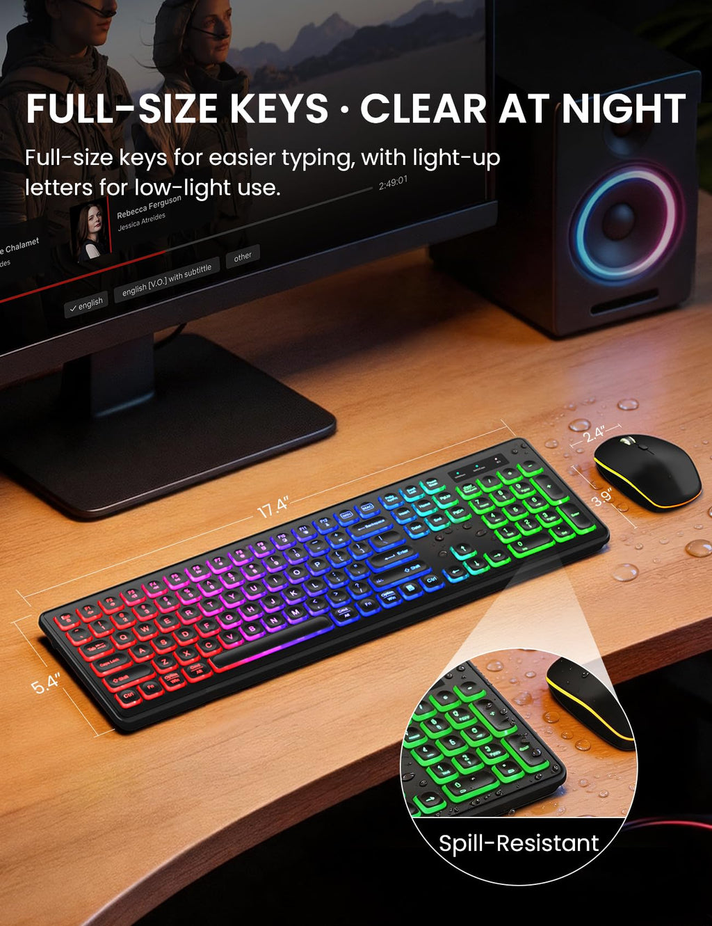 Wireless Keyboard and Mouse Combo, RGB Backlit, Rechargeable & Light Up Letters, Full-Size, Soft Typing, Sleep Mode, 2.4GHz Quiet Keyboard Set for Mac, Windows, Laptop, PC, Trueque KM42Pro (Black) - Flex Gamingproduct_type