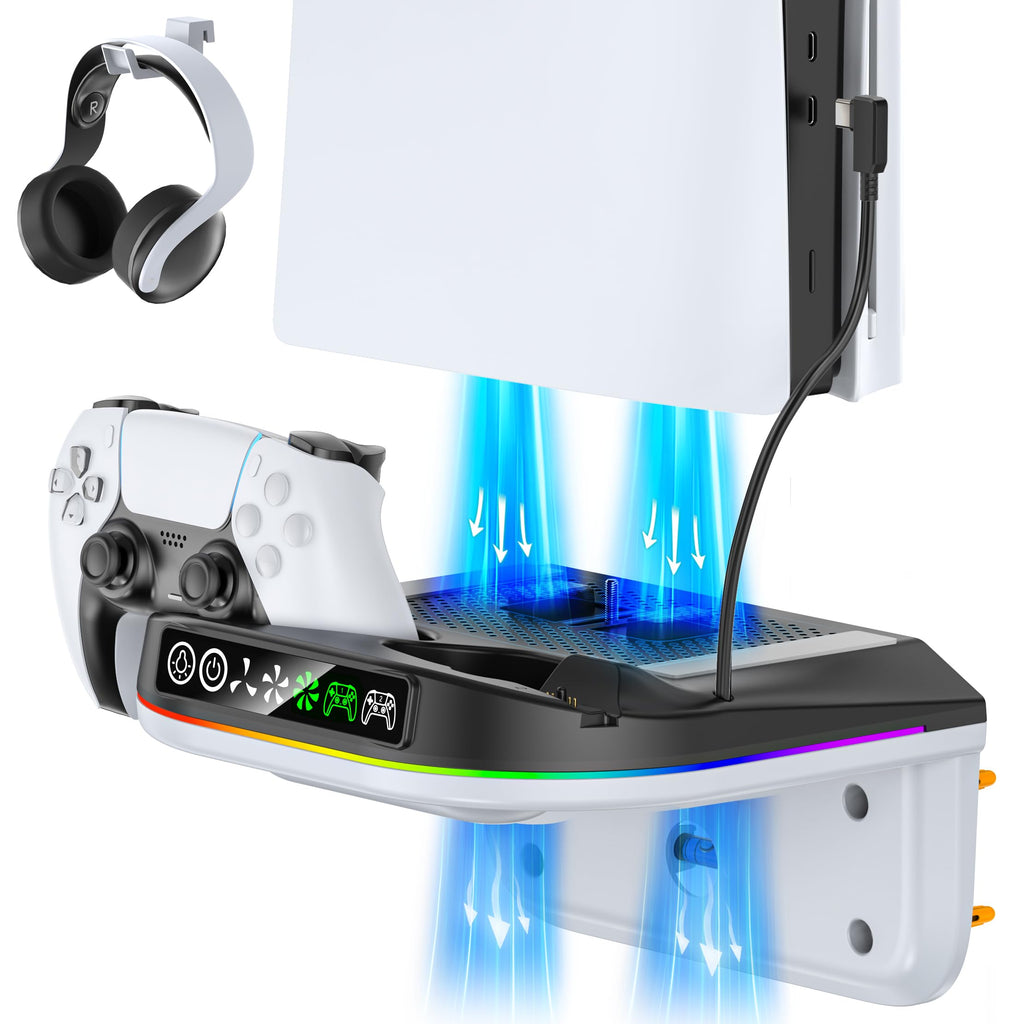 Tokluck PS5 Wall Mount Kit with Cooling Fan & Charging Station – 2 Sizes & 3 Colours