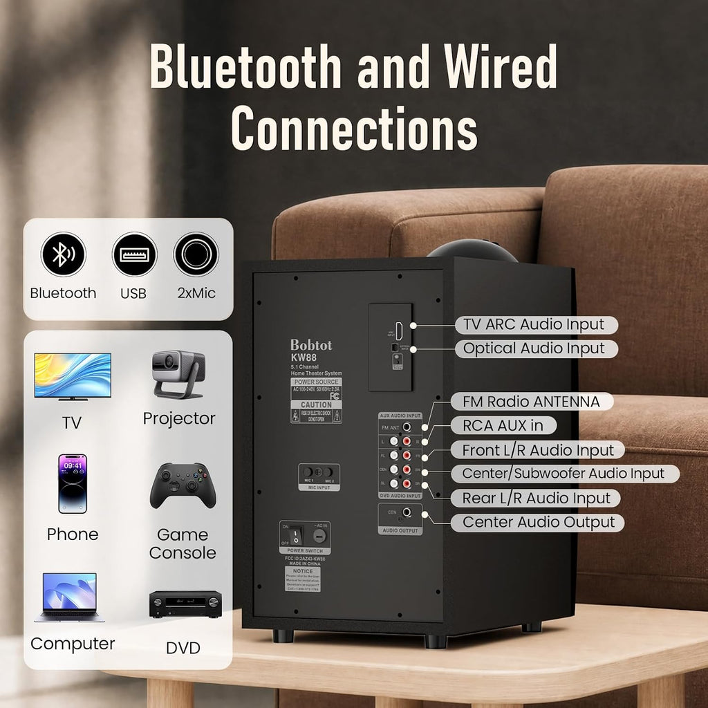 Bobtot Wireless Surround Sound System Home Theater System, 1000W Surround Speakers 8" Subwoofer 5.1/2.1 Channel Deep Bass with ARC Optical Bluetooth Karaoke Input - Flex Gamingproduct_type