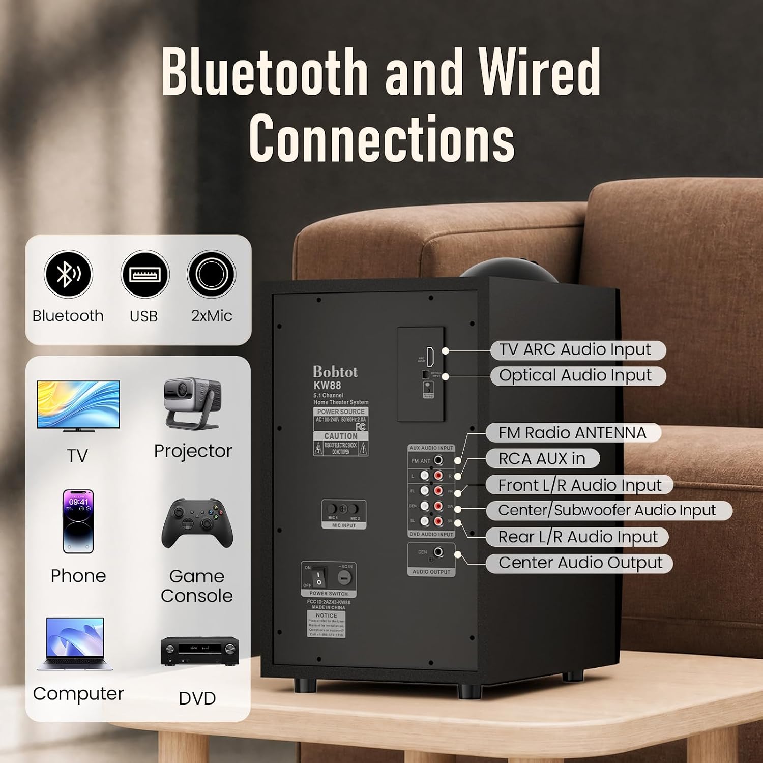 Bobtot Wireless Surround Sound System Home Theater System, 1000W Surround Speakers 8" Subwoofer 5.1/2.1 Channel Deep Bass with ARC Optical Bluetooth Karaoke Input - Flex Gamingproduct_type