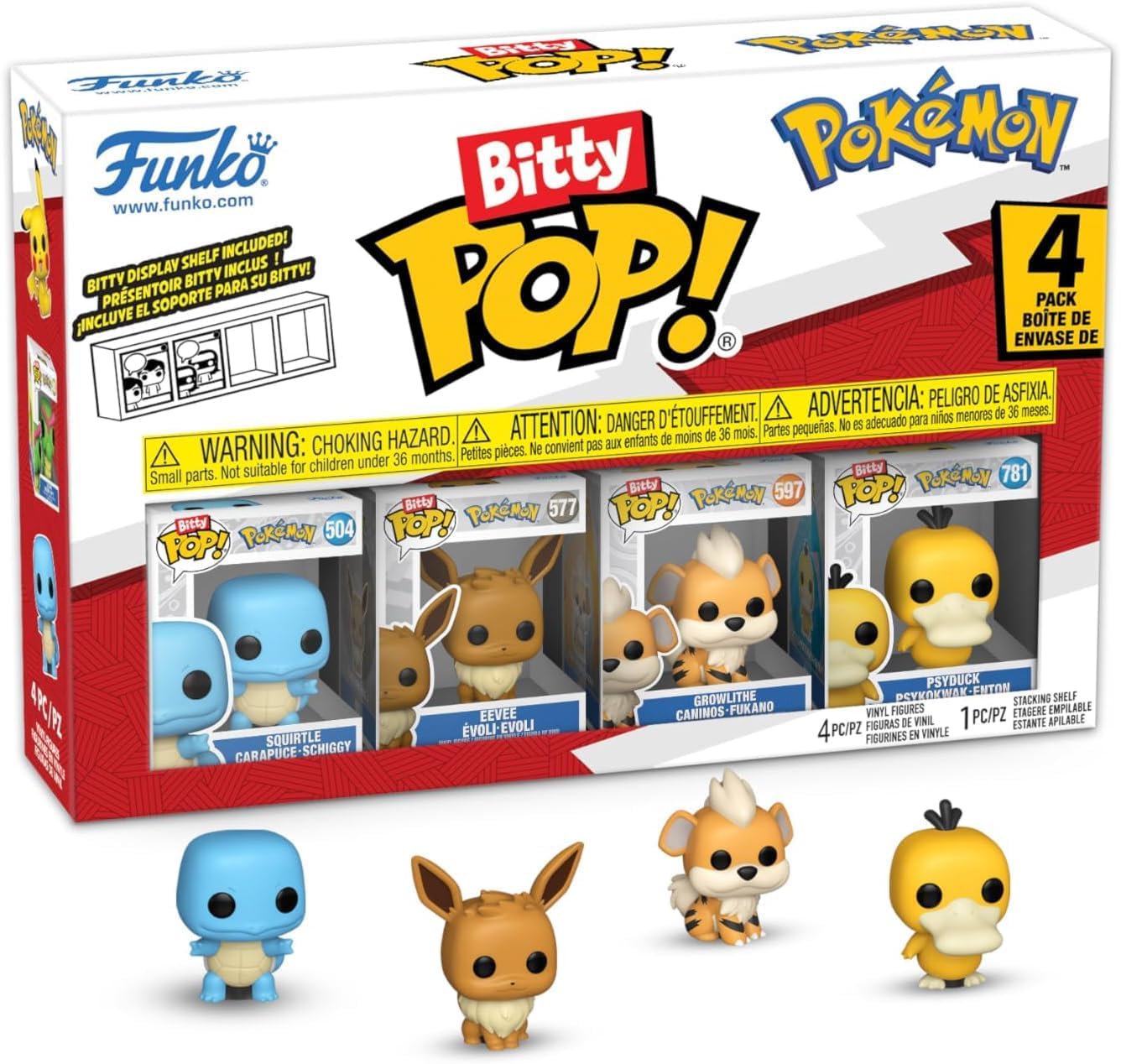 Funko Bitty POP! 4 Pack: Pokemon - Squirtle, Eevee, Growlithe, Psyduck | Official Video Games Merch - Tiny 0.9 inch Figures with Display Shelf - Cake Topper, Party Bag and Stocking Filler Gift