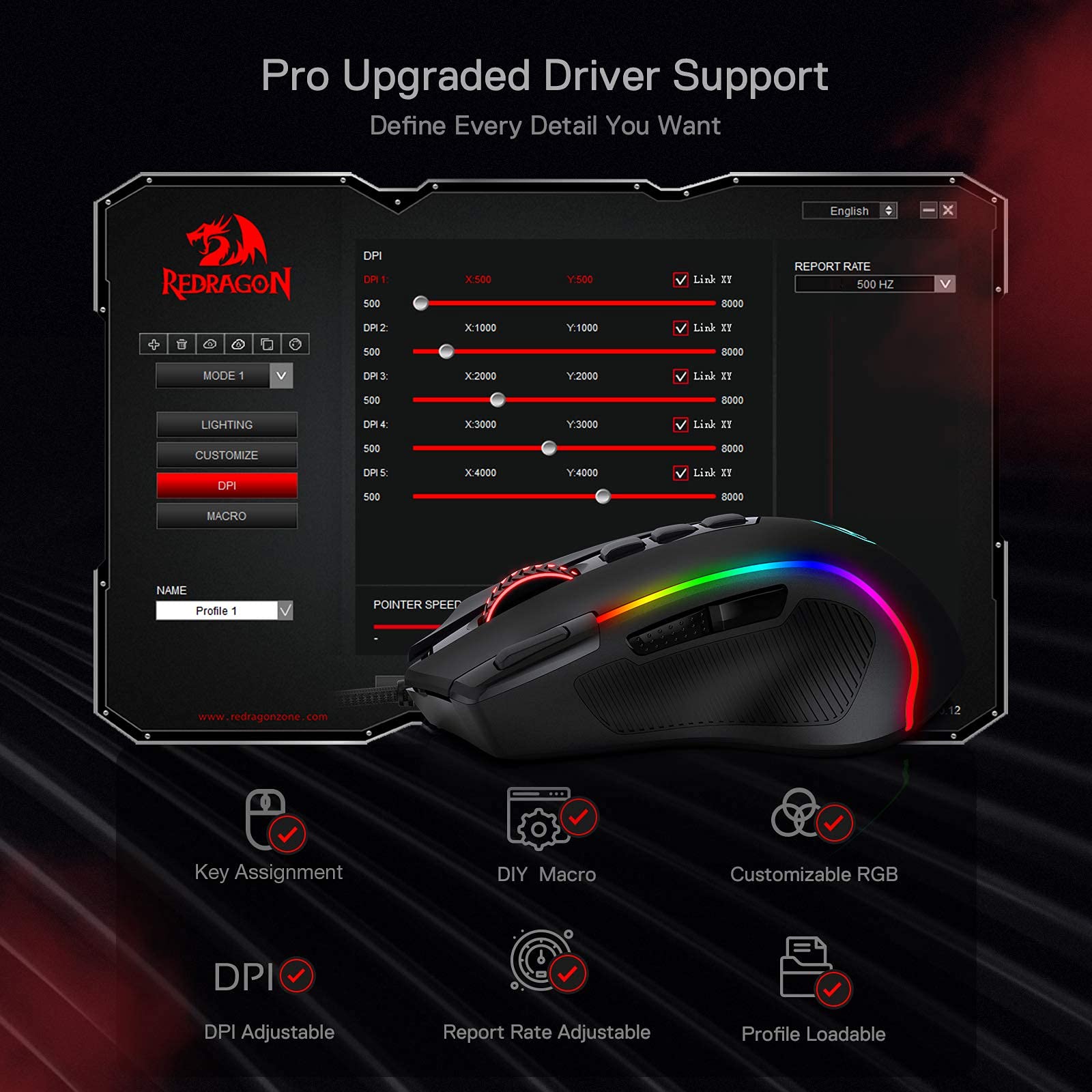 Redragon M612 Predator RGB Gaming Mouse, 8000 DPI Wired Optical Mouse with 11 Programmable Buttons & 5 Backlit Modes, Software Supports DIY Keybinds Rapid Fire Button - Flex Gamingproduct_type