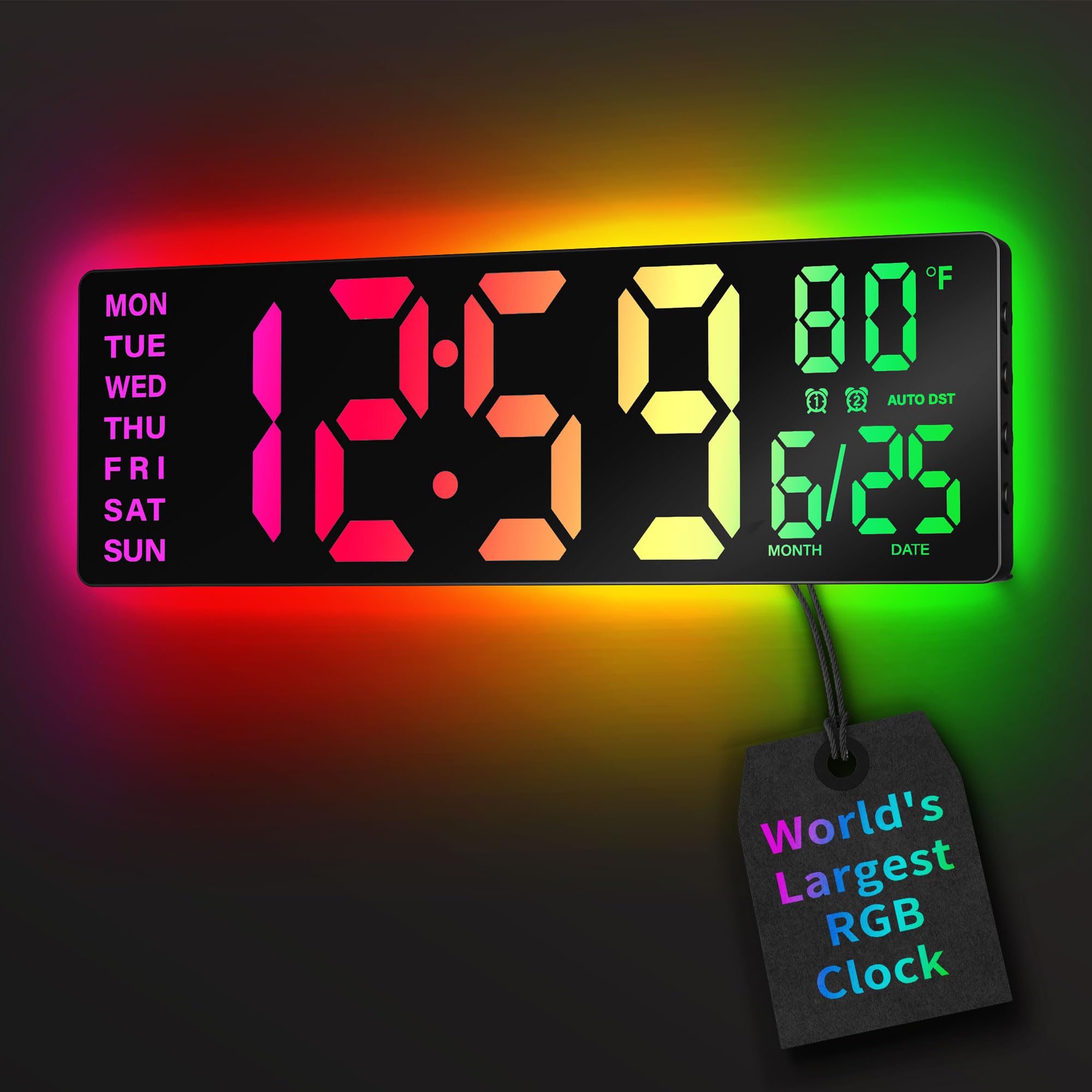 EASYERA 16.5" Large Digital Wall Clock with BT Sync, RGB Lights with 11 Scenes Mode Remote Control, Dual Alarms with Big LED Display, Auto DST, Temperature for Classroom Gaming - Flex Gamingproduct_type
