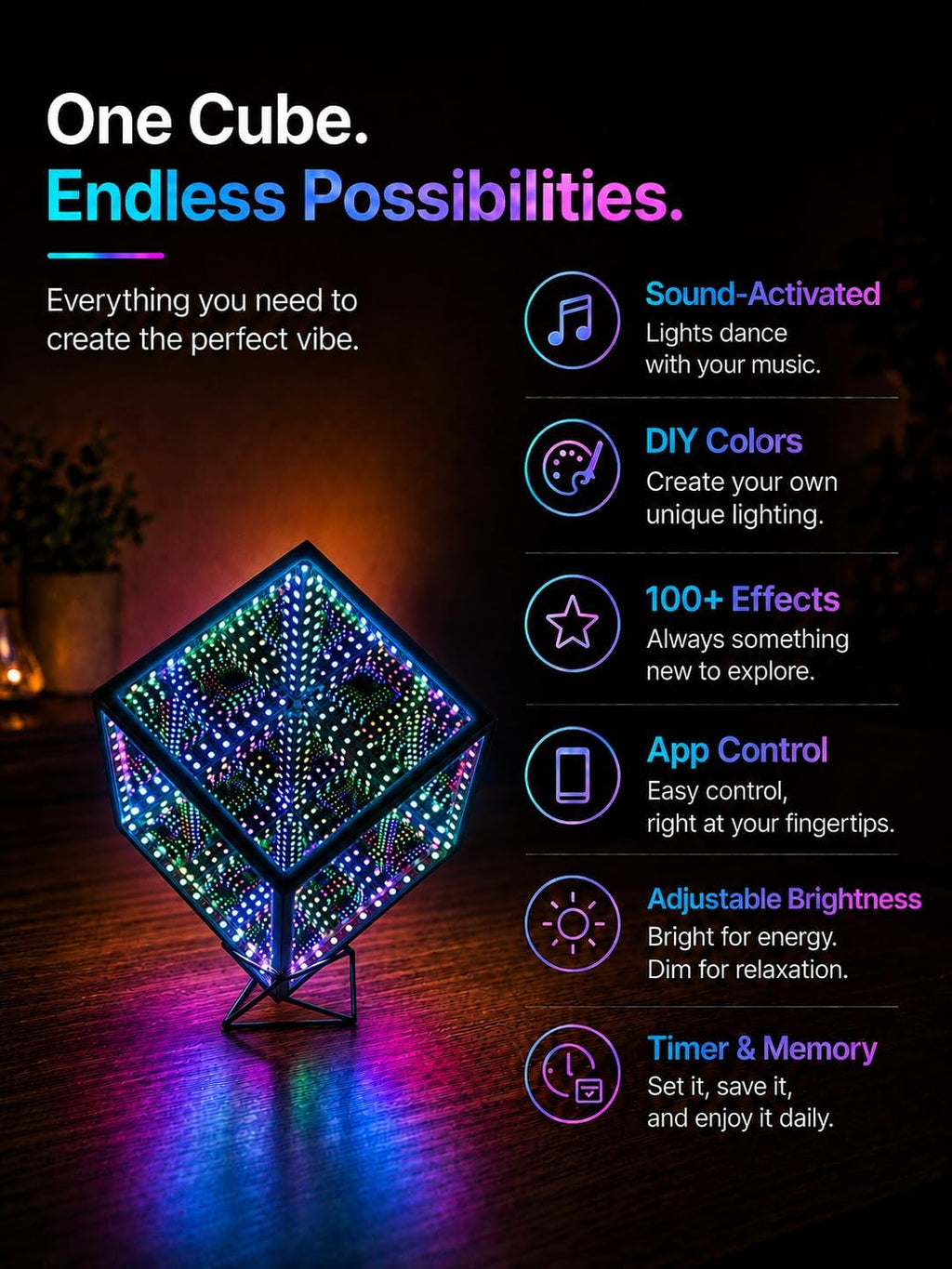 Heepulor Infinity Mirror Hyper Cube LED Lamp – 4 Sizes